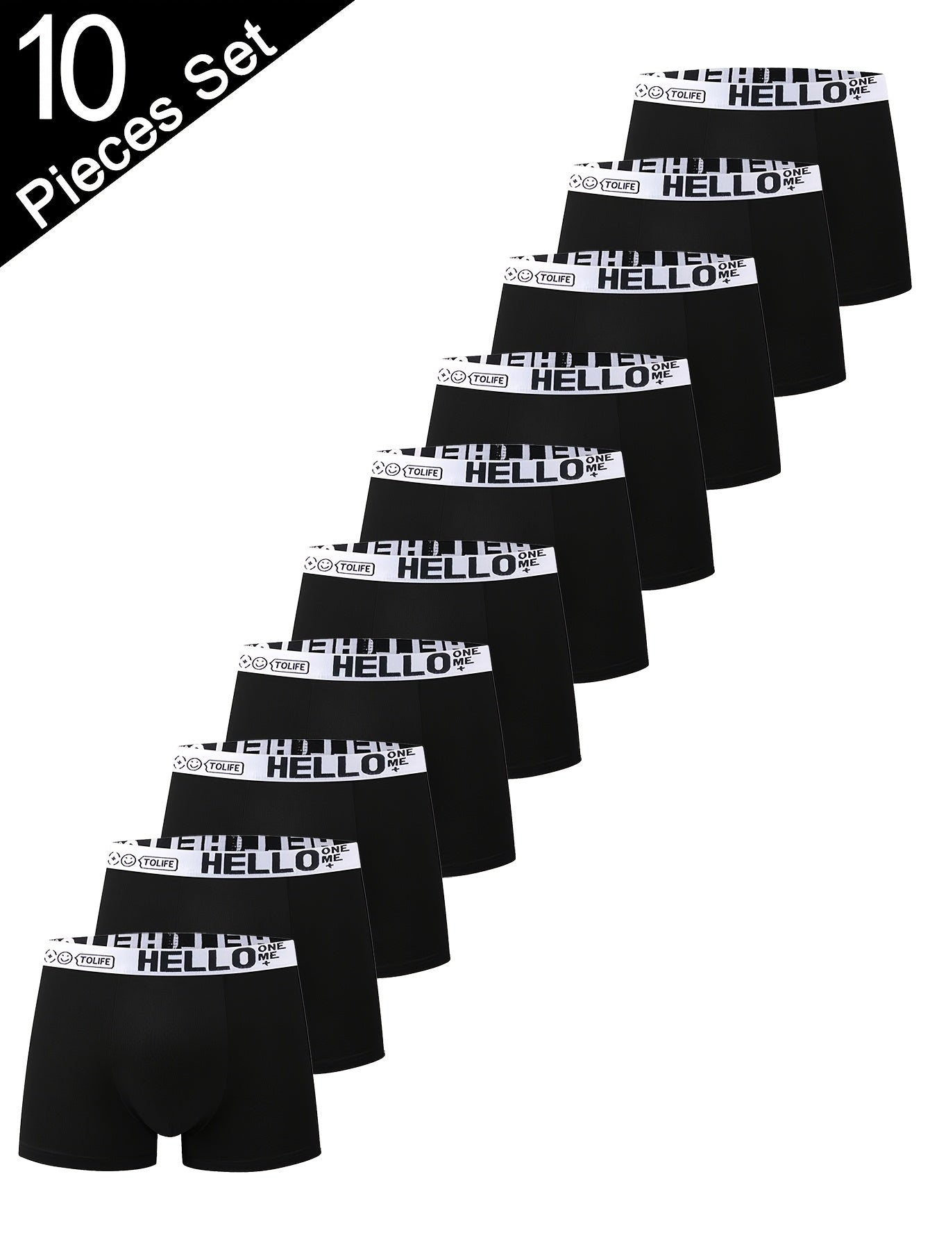 10 ta erkaklar uchun 'HELLO' boxer shortlari - turli ranglarda qulay polyester-spandeks aralashmasidan tayyorlangan, nafas oladigan, tez quriydigan sport trunks.