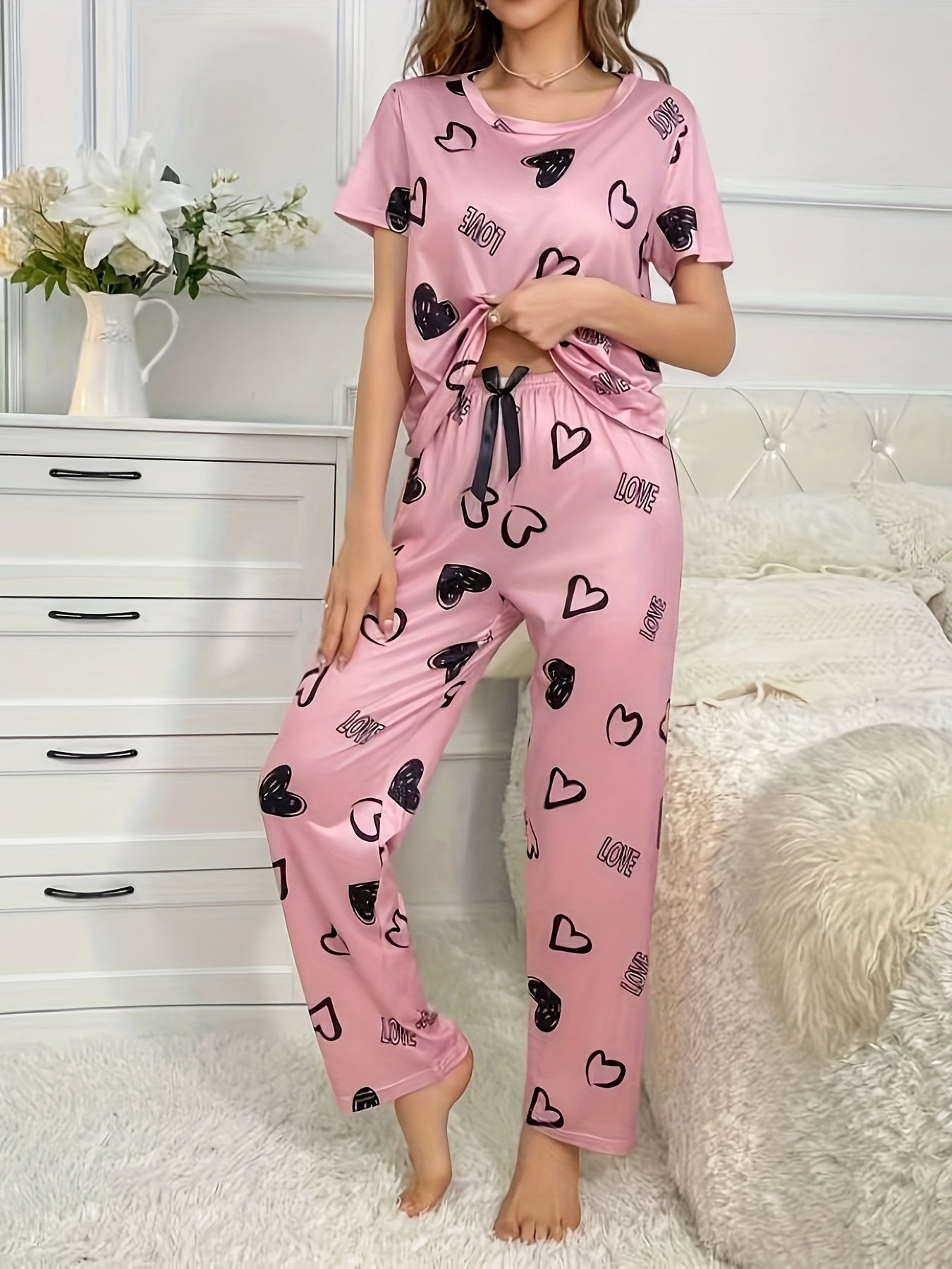 Women's Valentine's Day Pajama Set Heart Letter Print Short Sleeve Top Elastic Pants Sleepwear Loungewear