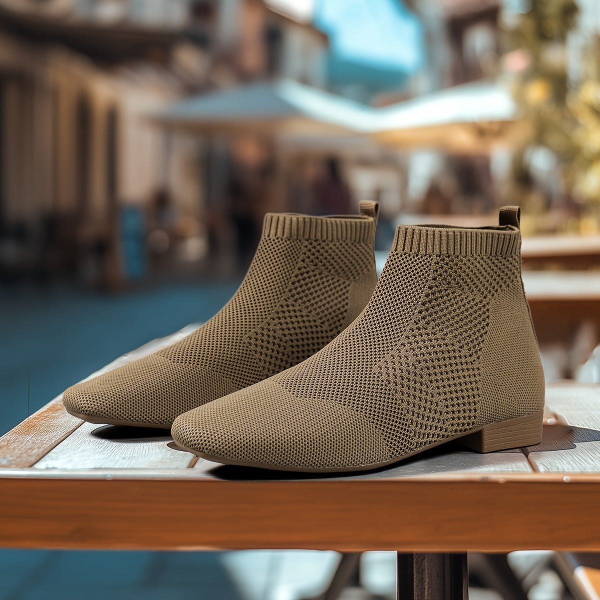 Women’s Knit Ankle Boots Breathable Mesh Low Block Heel Casual Shoes