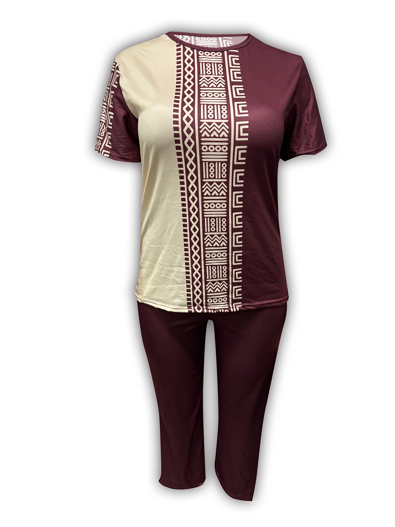 Women's Loose-Fitting Long Pants Set Brown Khaki Checkered Pattern