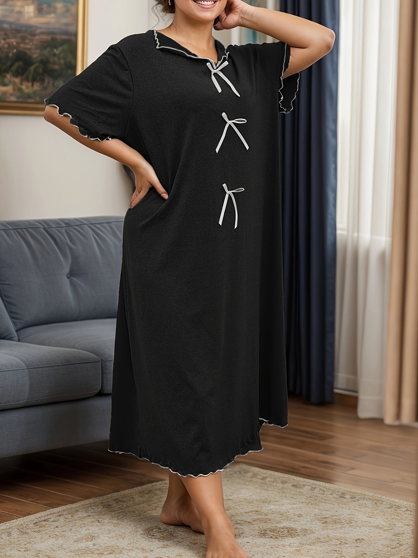 Plus Size Casual Sleep Dress with Bow Decor Short Sleeves V Neck Nightwear for Women