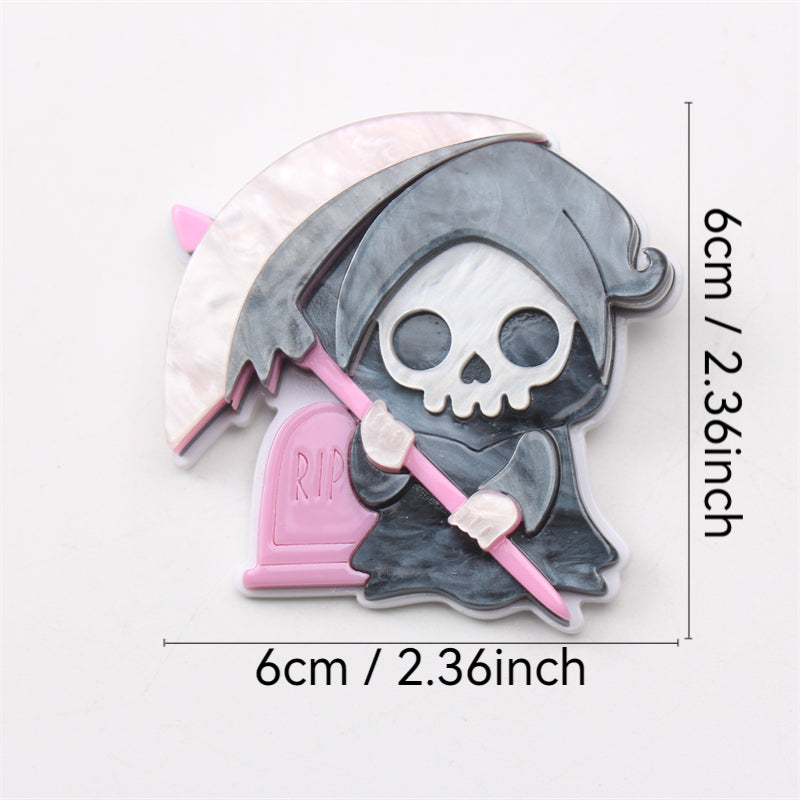 Halloween Costume Accessory Brooch, Grim Reaper Hand Scythe and Tombstone Pin, Acrylic Halloween Jewelry