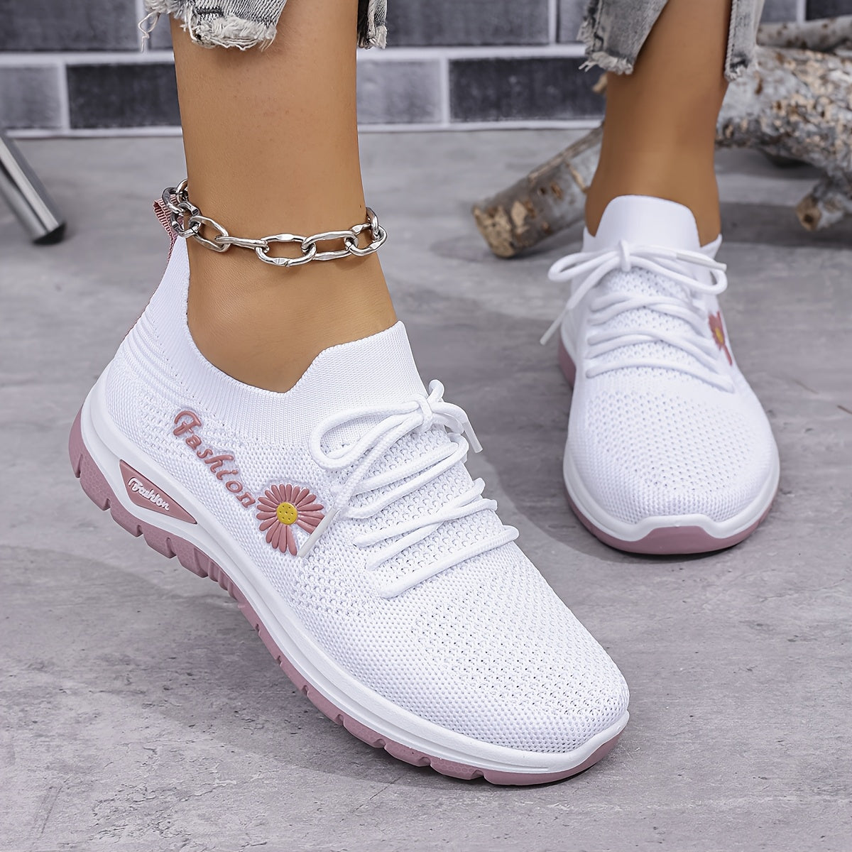 Women’s Breathable Knit Slip-On Sneakers Casual Low-Top Shoes with Floral Prints