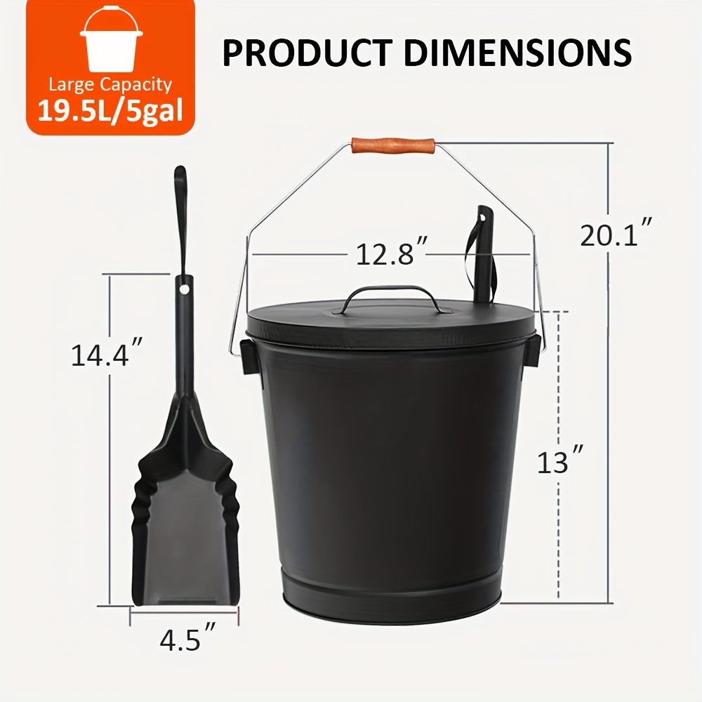 Large Metal Ash Pan with Lid and Shovel, 5.15 Gallon Capacity, Galvanized Steel, Black