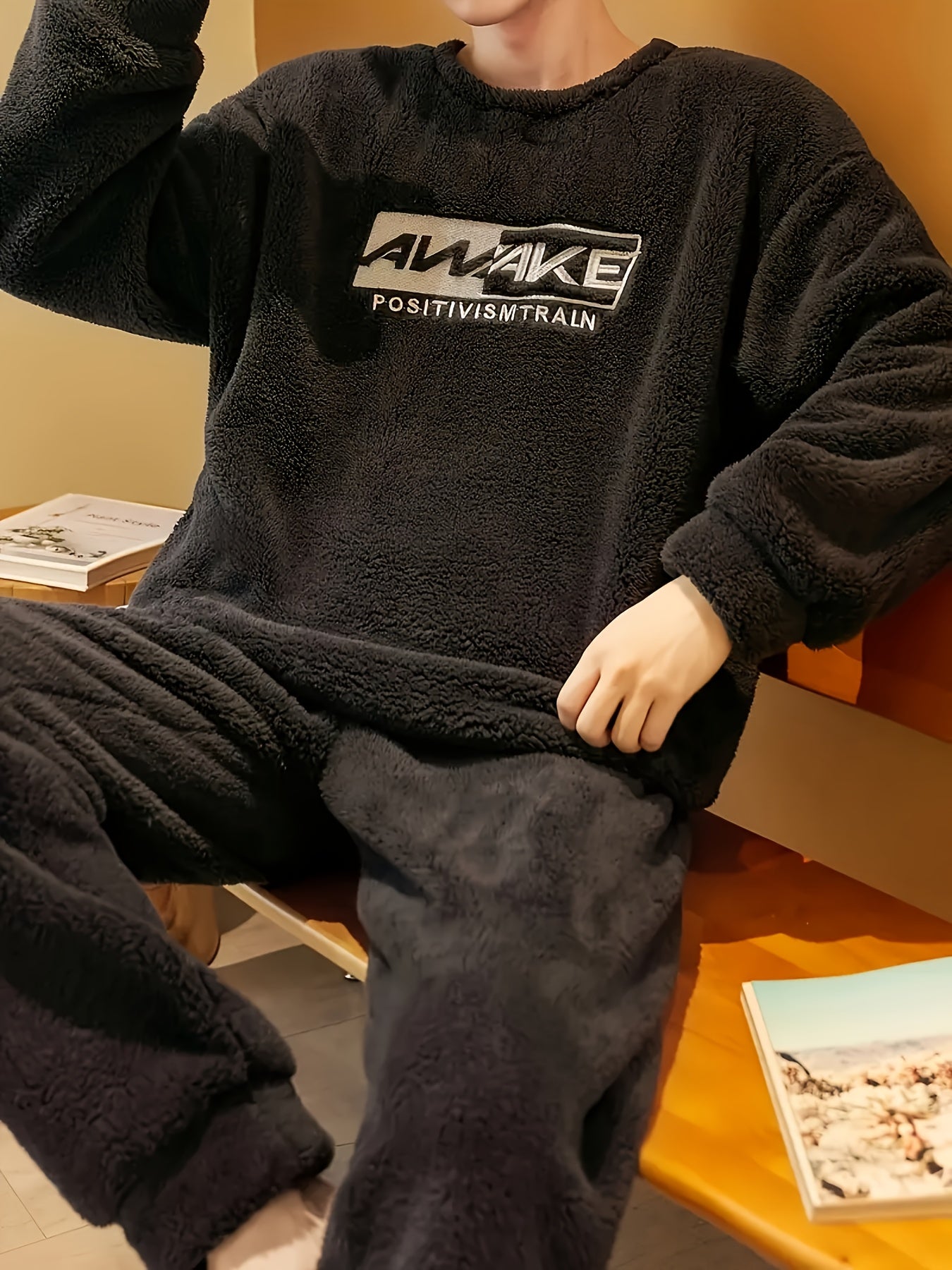 Men's Fleece Pajama Set Long Sleeve Crew Neck Loose Fit Fall Winter Lounge Polyester