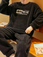 Men's Fleece Pajama Set Long Sleeve Crew Neck Loose Fit Fall Winter Lounge Polyester