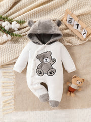 Baby Boys Winter Plush Footed Bodysuit with Animal Pattern and Warm Knit Fabric