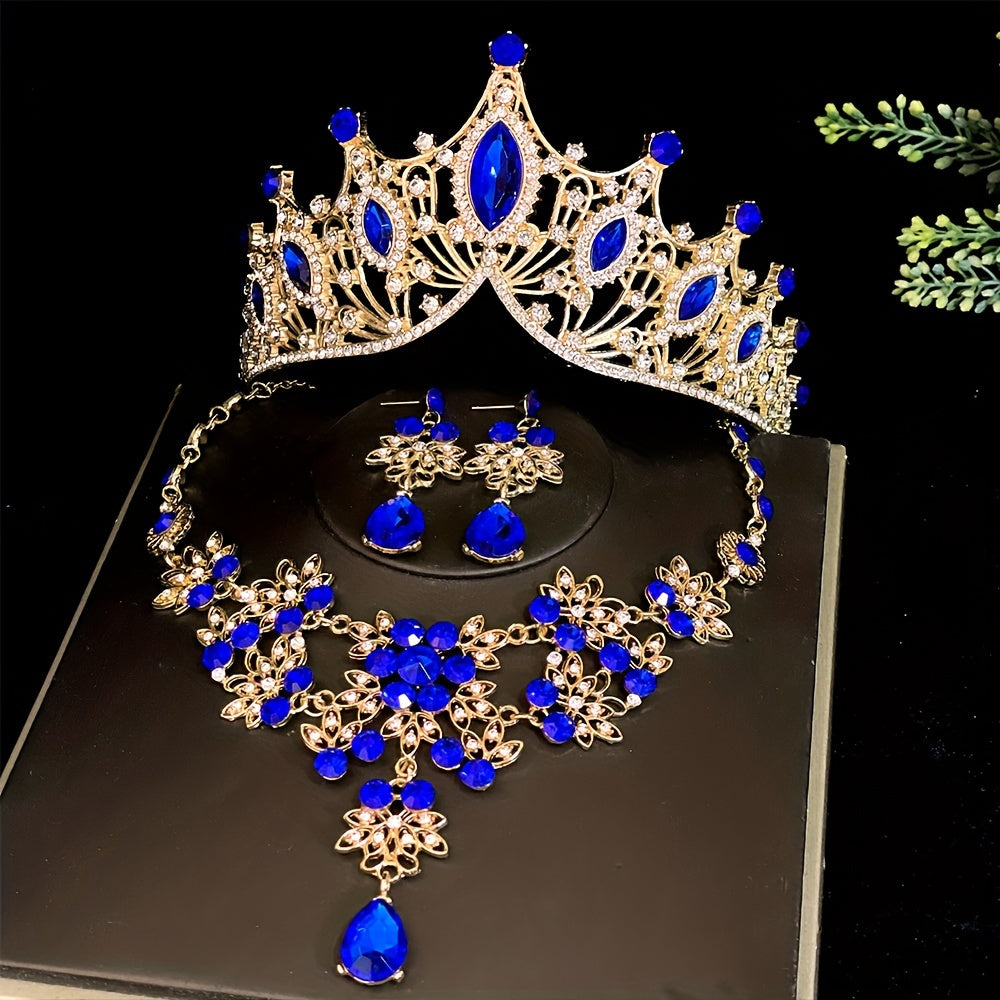 3-Piece Bridal Jewelry Set Tiara Necklace Earrings for Wedding and Photos