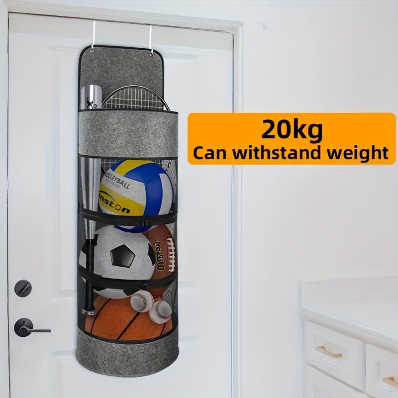 Basketbol, futbol, voleybol va raketalar uchun sport jihozlarini saqlash sumkasi. Tashkilot uchun fermuari bilan eshik ustiga osiladi. O'yinchoqlarni saqlash uchun katta sig'im, joyni tejaydi.