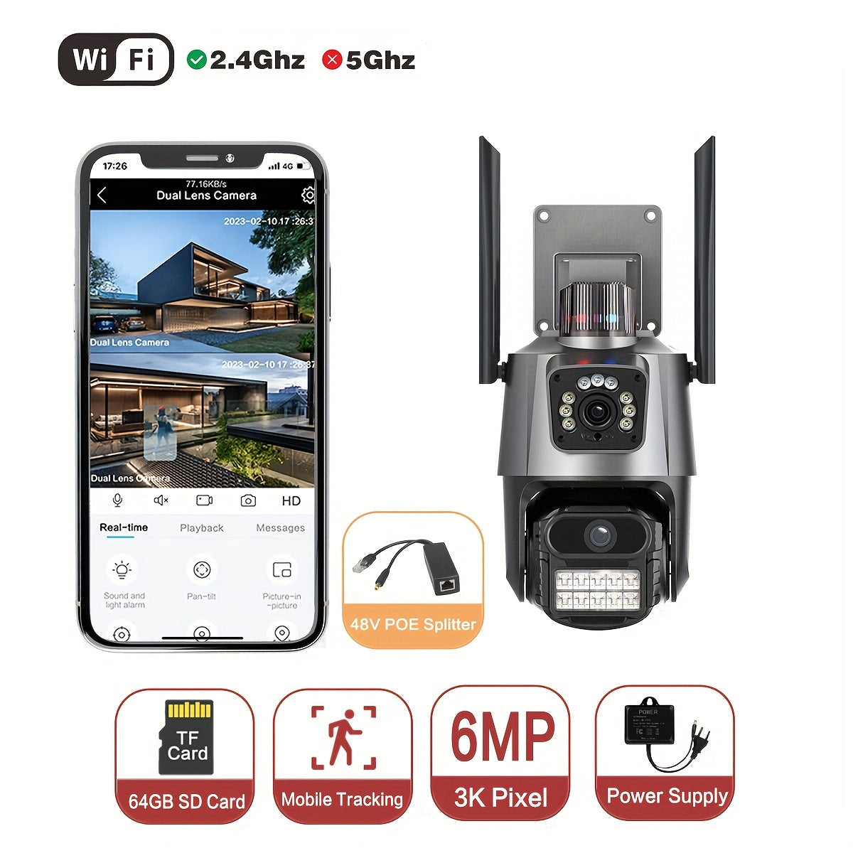 6MP POE simsiz xavfsizlik kamerası, 3K Full HD ikkilamchi linza, AI insonni aniqlash, avtomatik izlash, kechqurun ko‘rish, ikki tomonlama audio, ichki va tashqi foydalanish uchun