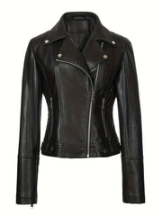 Women's Faux Leather Biker Jacket Skinny Fit Street Style Solid Color Zipper Detail Spring Fall