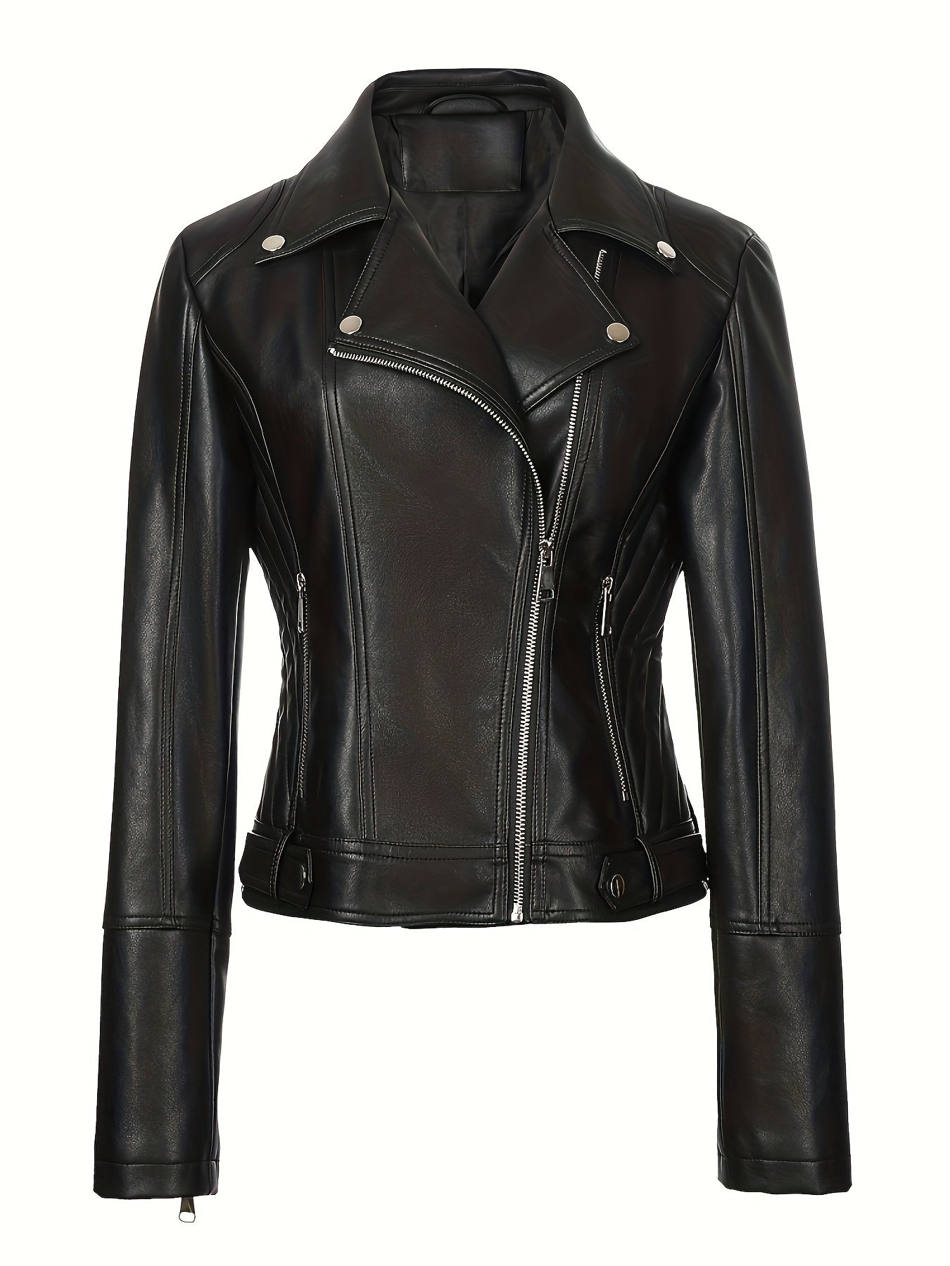 Women's Faux Leather Biker Jacket Skinny Fit Street Style Solid Color Zipper Detail Spring Fall