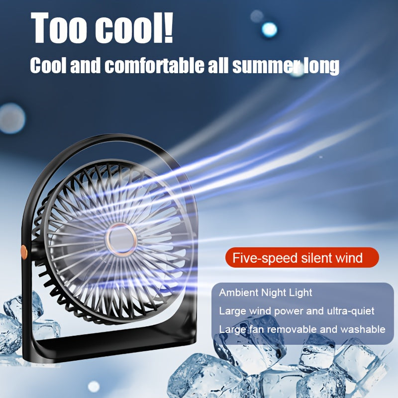 Rechargeable Portable USB Desk Fan with LED Night Light, 5 Speeds, Quiet Operation