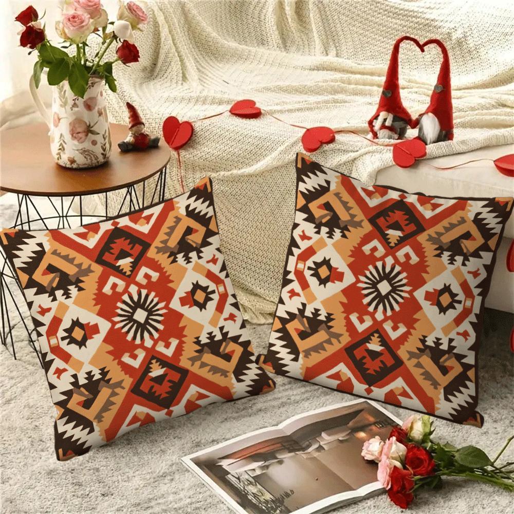 Bohemian Retro Geometric Flannel Pillow Cover 45.72x45.72 cm Zipper Washable Square Cushion Case