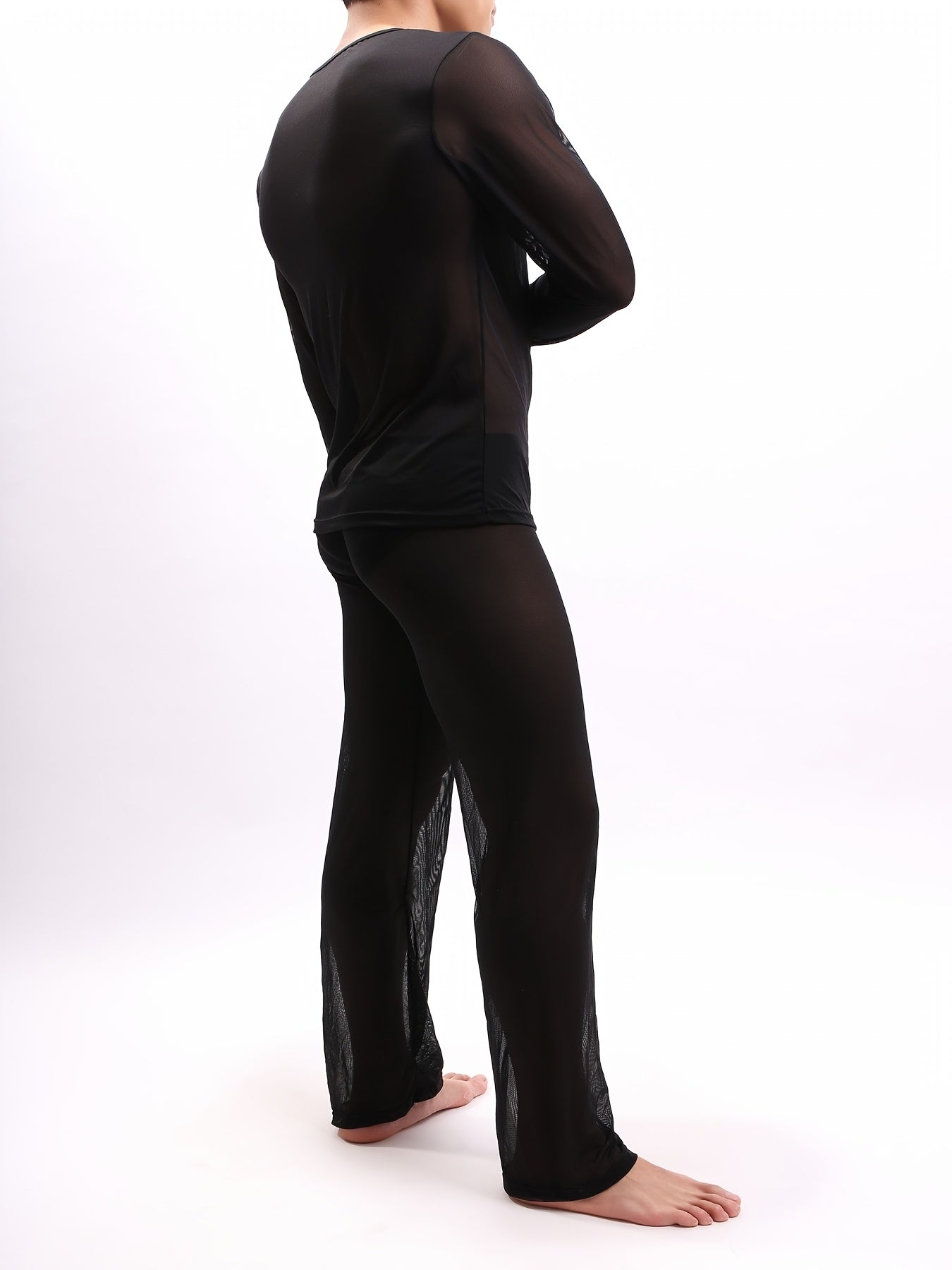 Conjunto de ropa de descanso de manga larga y tela transparente para hombre, de color sólido, poliéster y spandex