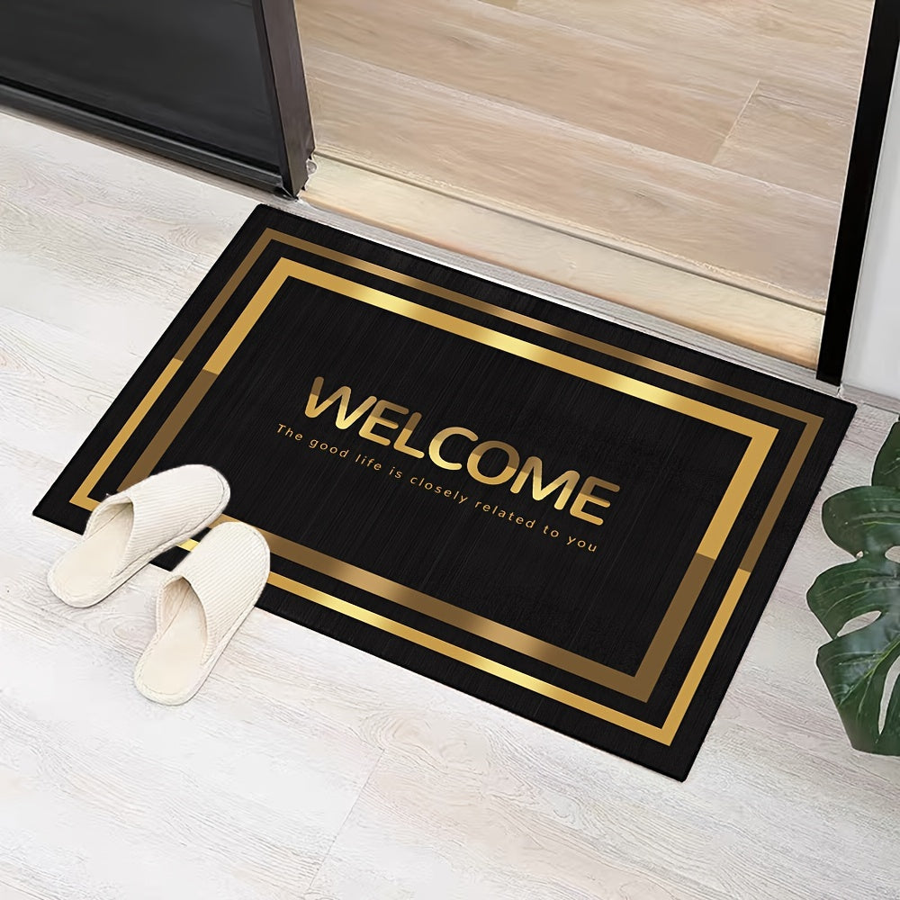 Black and Gold Welcome Door Mat Non-Slip Machine Washable Polyester