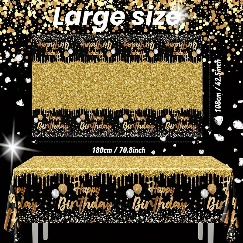 Black and Gold Birthday Tablecloth Rectangle Party Decor for Celebrations