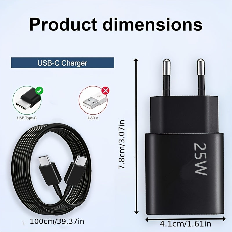 25W USB-C Fast Charger with 100cm Cable for Samsung Galaxy iPhone 15/16 iPad