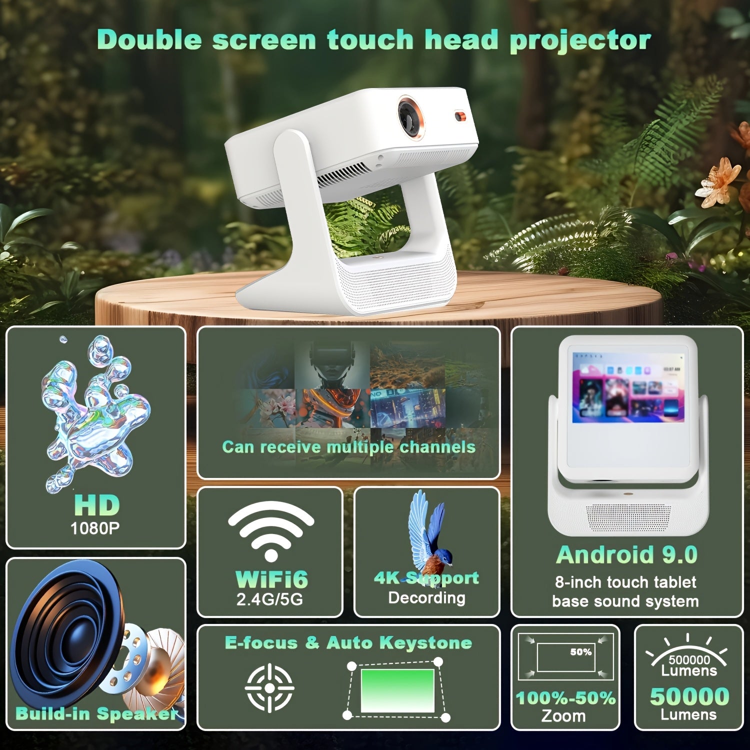 4K Supported Projector with Touch Screen, 1080p, WiFi 6 for Home Theater