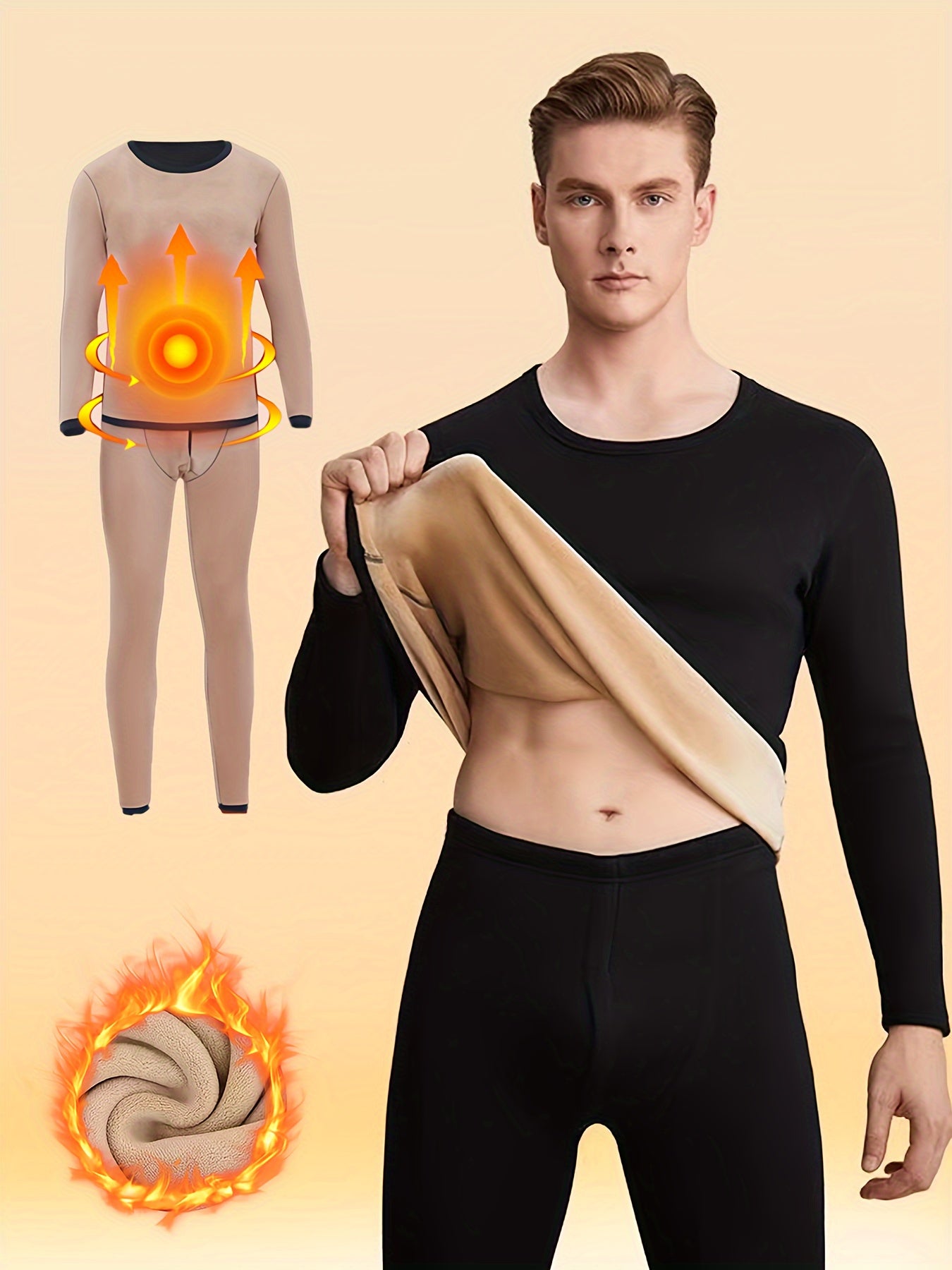 Men's Winter Thermal Underwear Set Fleece-Lined Long Sleeve Crew Neck and Pants