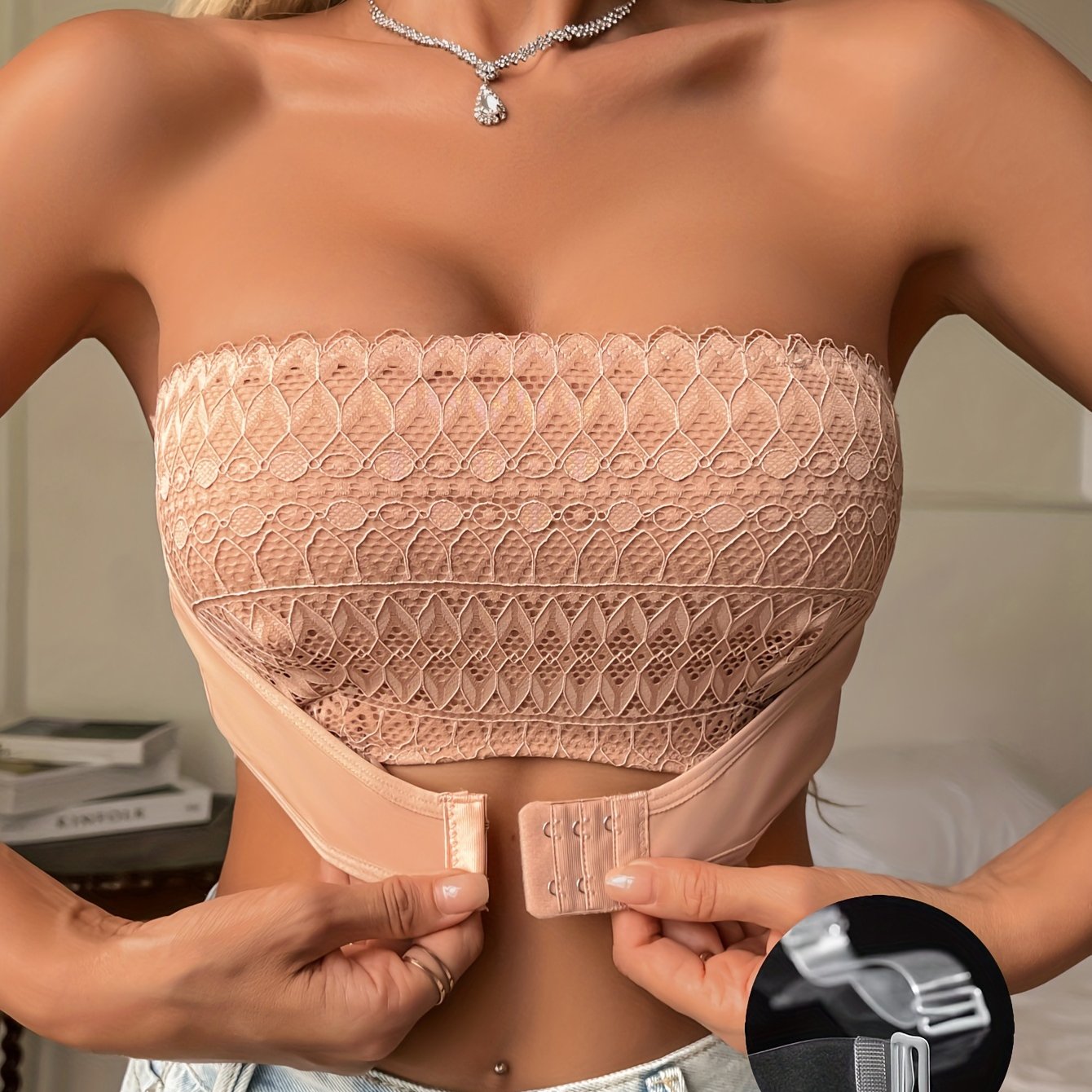 Sujetador bandeau de encaje sin cables con cierre frontal y push-up para mujeres