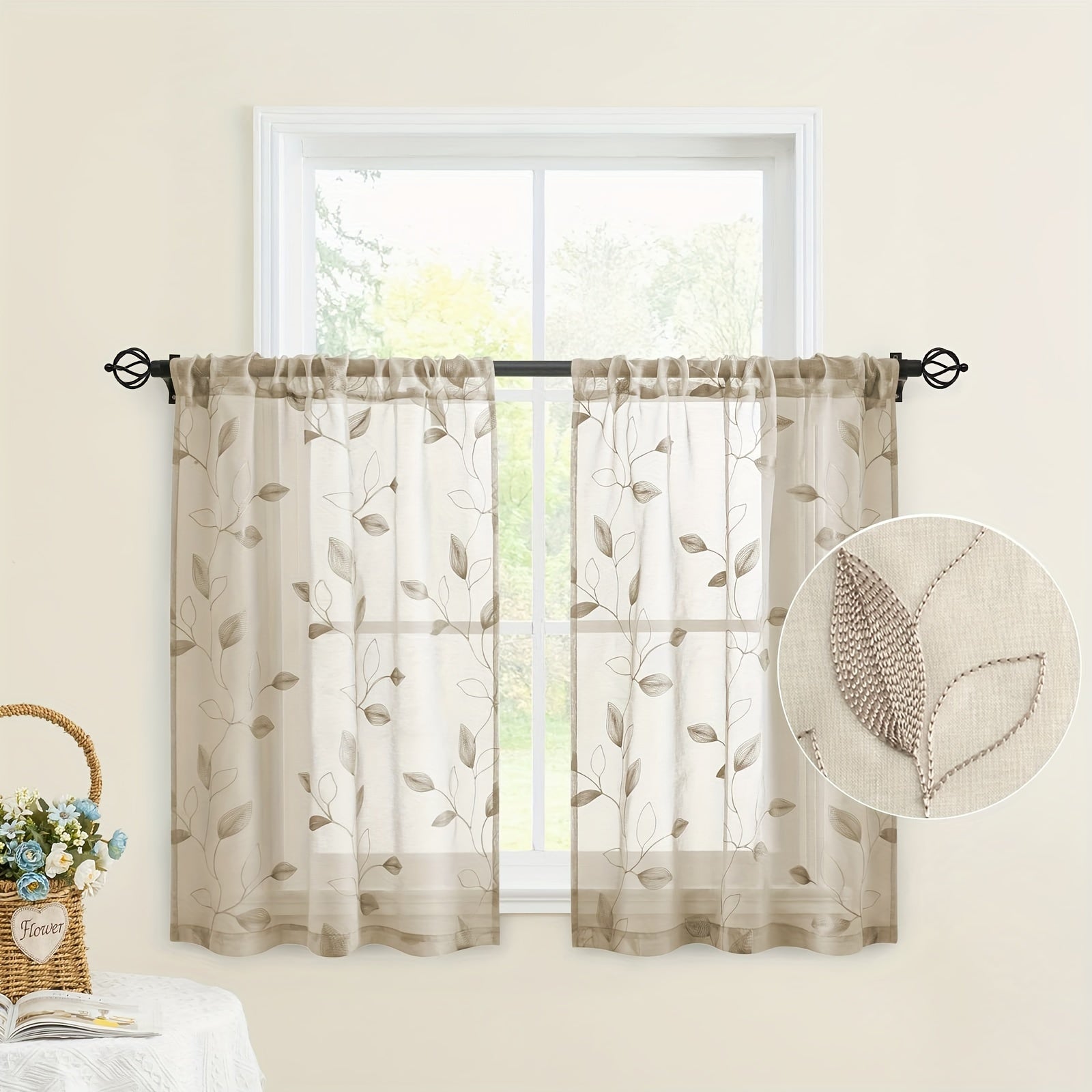 Two Pieces Sheer Curtains with Embroidered Leaf Pattern, Rod Pocket, Polyester, for Bedroom Living Room Kitchen