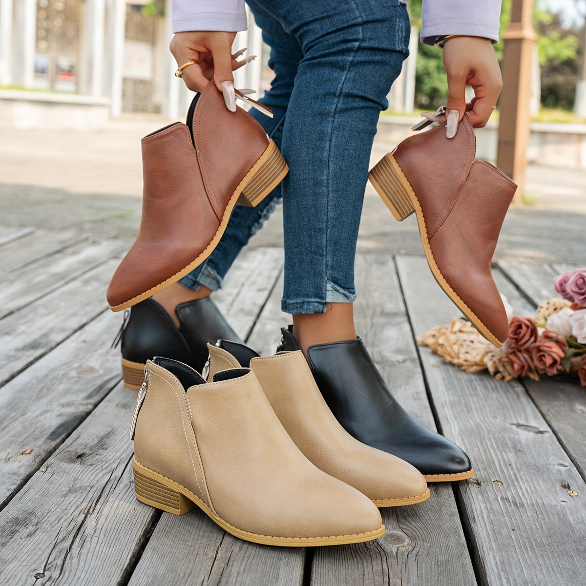 Women's Ankle Boots Solid Color Chunky Heel Pointed Toe Winter Shoes