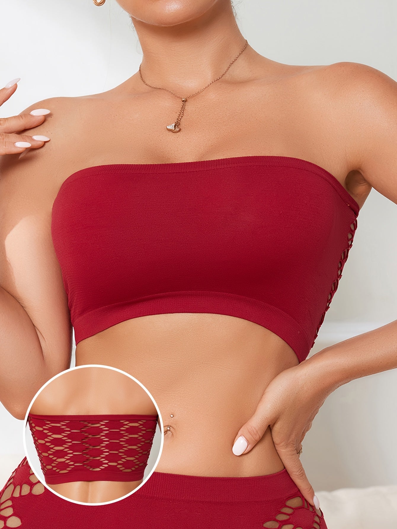 Women's Breathable Wireless Bandeau Bra with Hollow Mesh Fabric