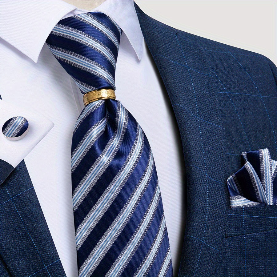 Men's Classic Striped Tie Set with Handkerchief Cufflinks and Ring for Business Formal Weddings