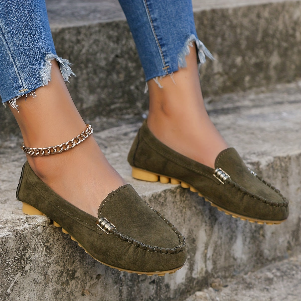 Women's Leather Round Toe Loafers Slip On Shoes Solid Comfort