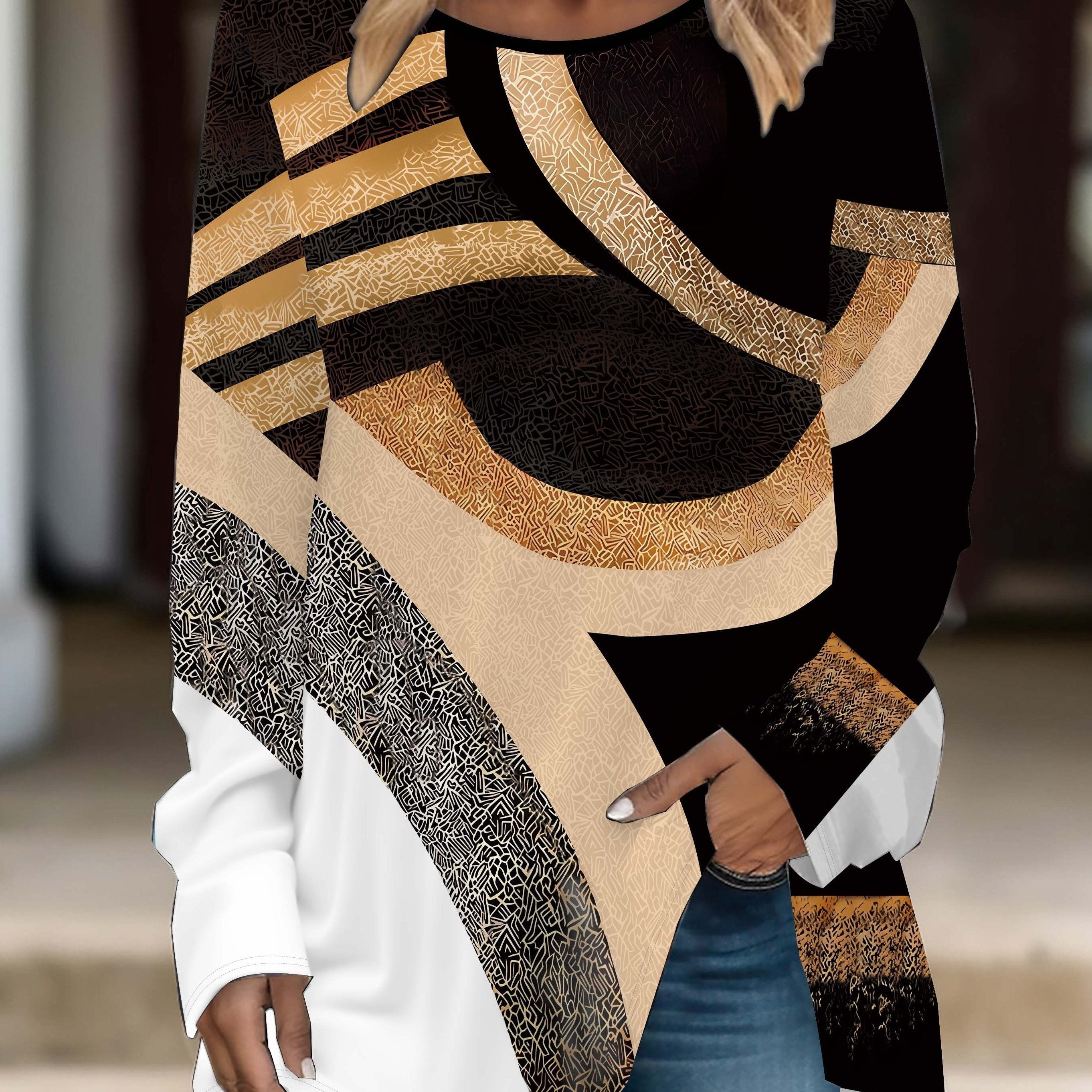 Plus Size Women's 3D Geometric Pattern Long Sleeve T-Shirt Polyester Stretch Fabric