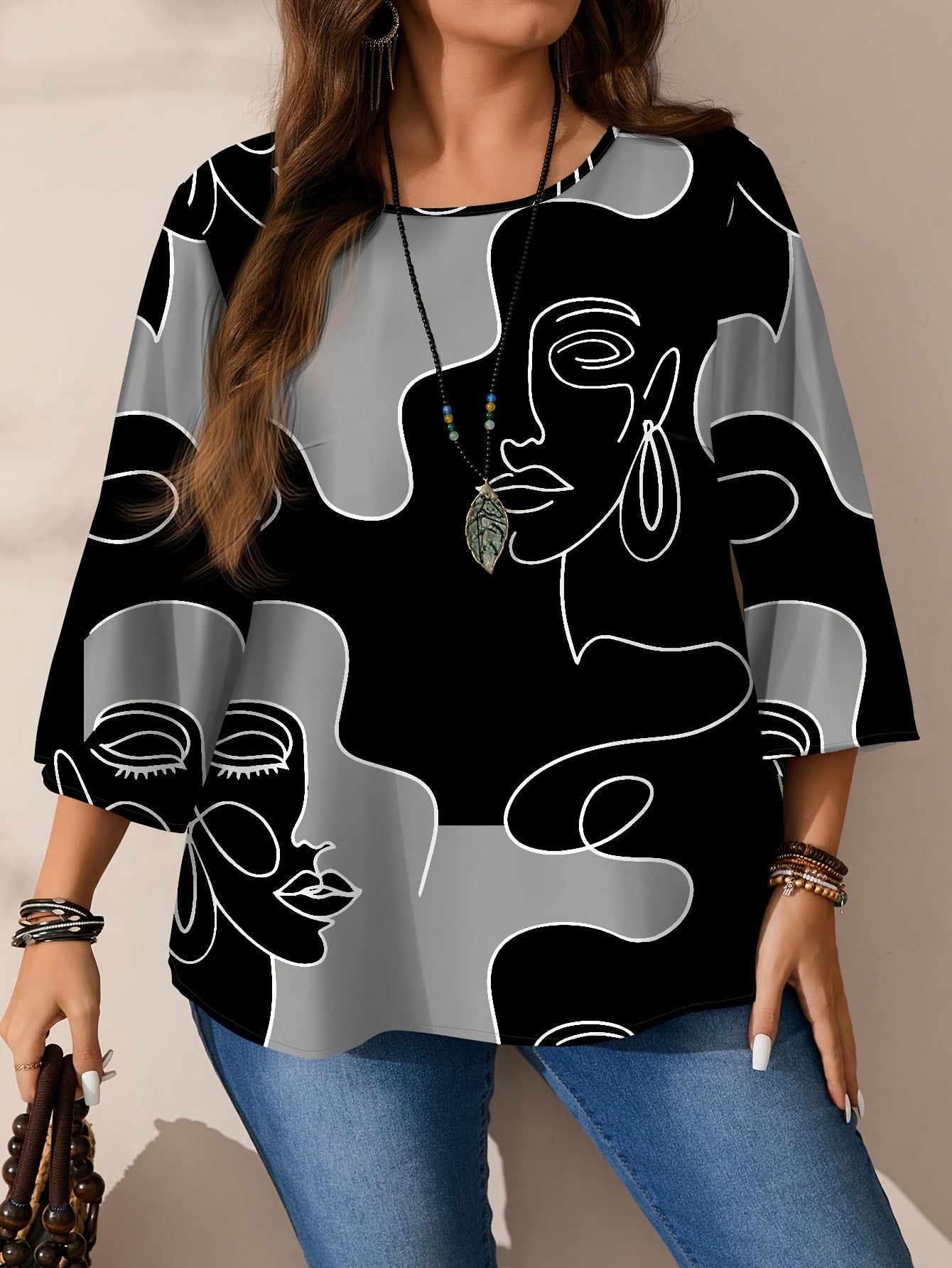 Plus Size Women's Abstract Face Pattern Short Sleeve Blouse Lightweight Summer Wear