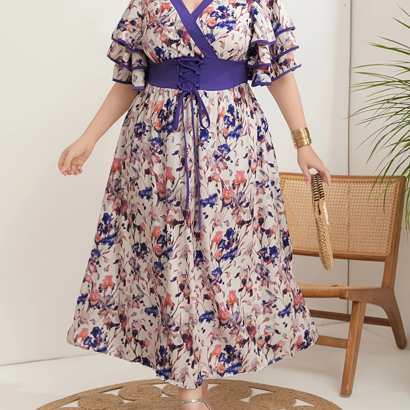 Women's Plus Size Floral V-Neck Tunic Dress with Crossover Back