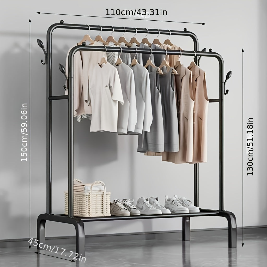 Katta zanglamas po'latdan yasalgan kiyim tokchasi, ikki tayoq va oson yig'ish uchun asos bilan. Yotoqxona, balkon yoki hammomda kiyimlarni tartibga solish uchun ideal.