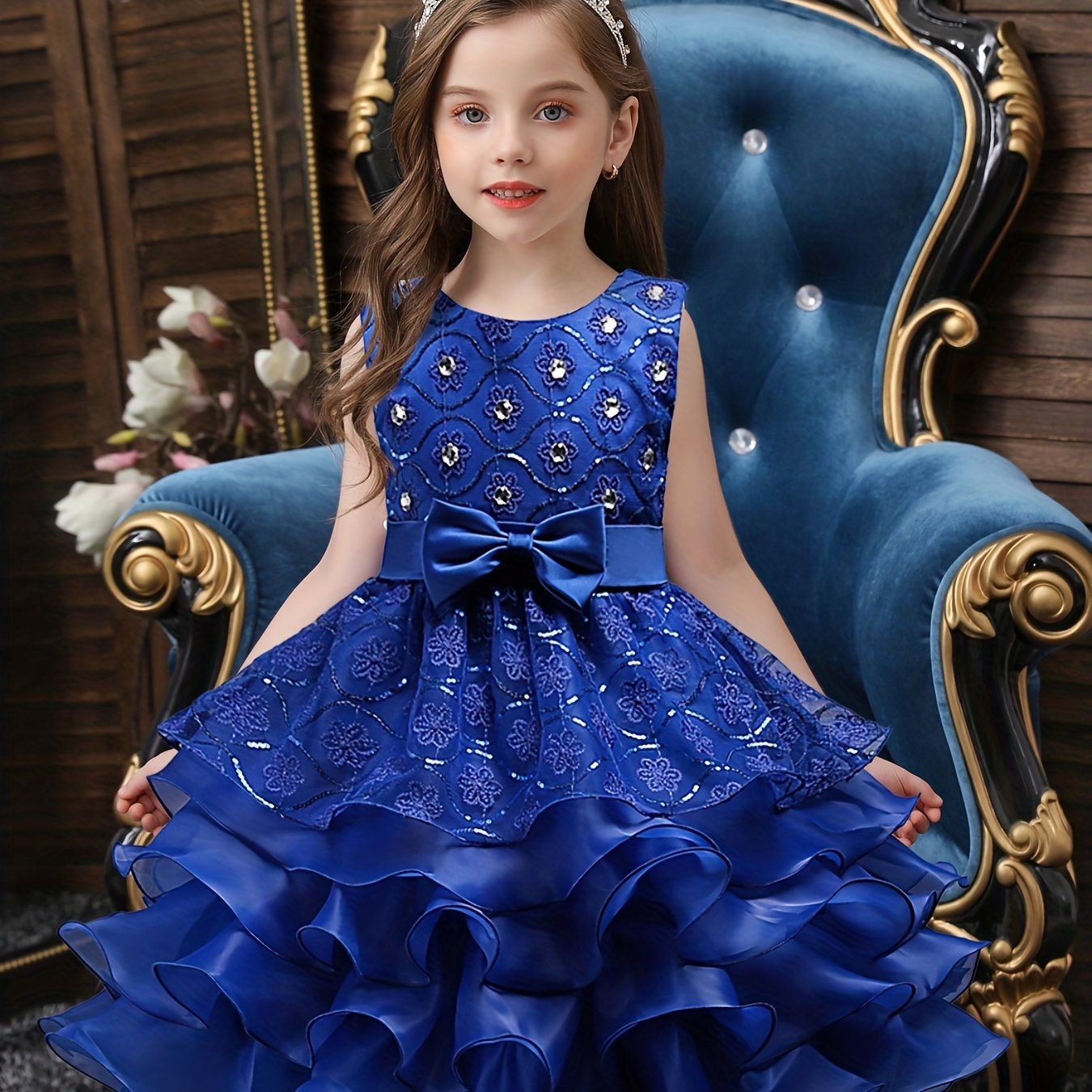 Girls Sleeveless Sequin Flower Princess Dress for Party Wedding Birthday