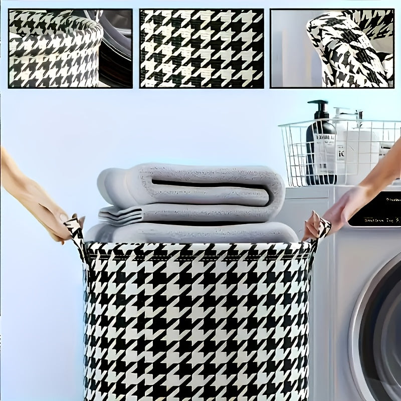 Round Houndstooth Pattern Fabric Laundry Basket with Handles Multipurpose Storage Bin for Clothes Toys Snacks