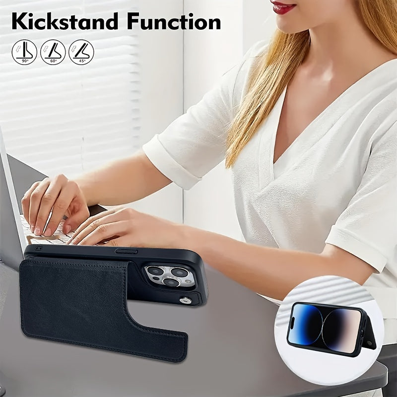 Faux Leather Phone Case with Card Wallet Magnetic Button for iPhone Models