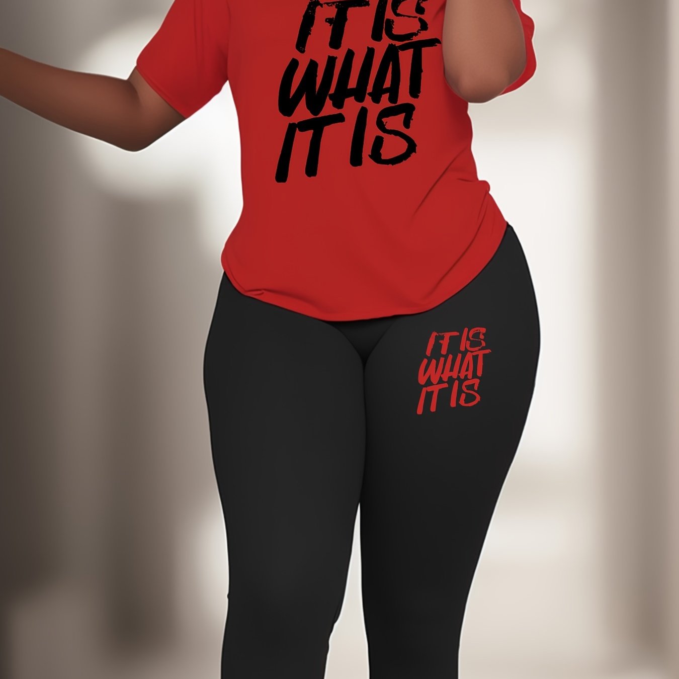 Plus Size Slogan Print Sports Set with Medium Stretch Polyester Knit Fabric