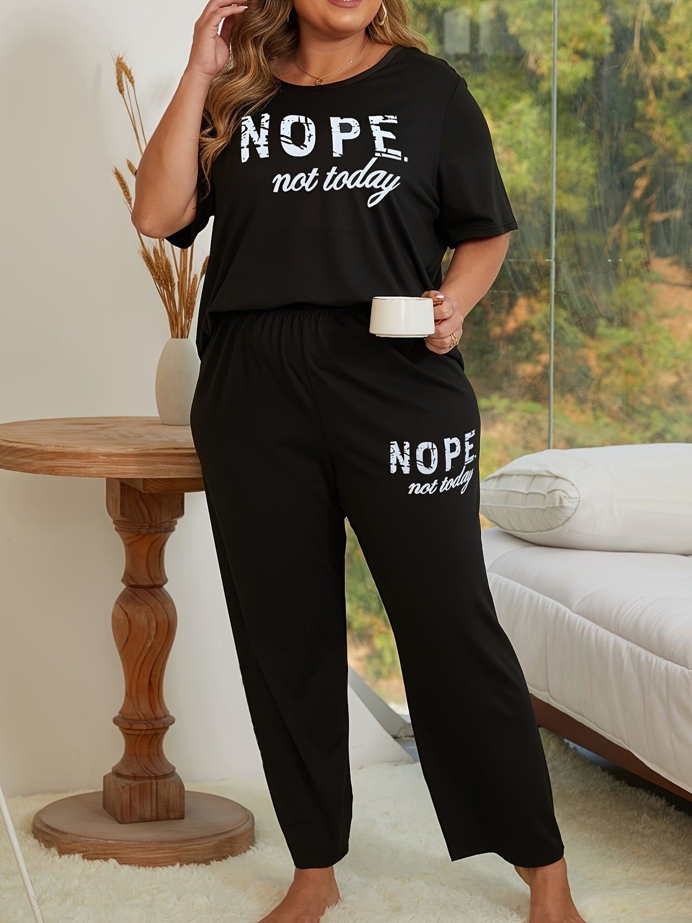 Plus-Size Polyester Loungewear Set with Slogan Print Top and Pants for Women