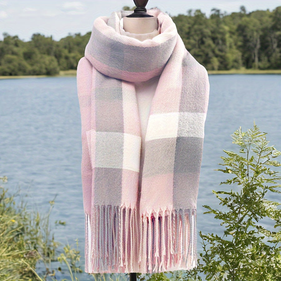 Striped Acrylic Scarf for Women with Tassels Knitted Warm Windproof Casual