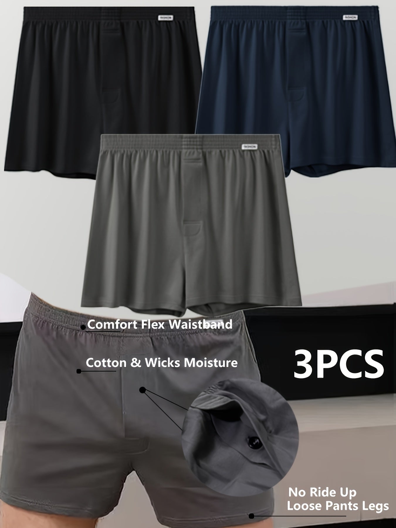 Men's Cotton Boxer Briefs 3 Pack Black Navy Light Blue Elastic Waist No-Ride