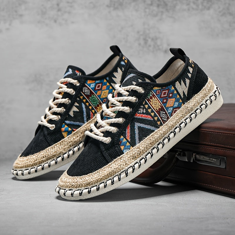 Men's Bohemian Canvas Espadrille Sneakers with Embroidered Vintage Design