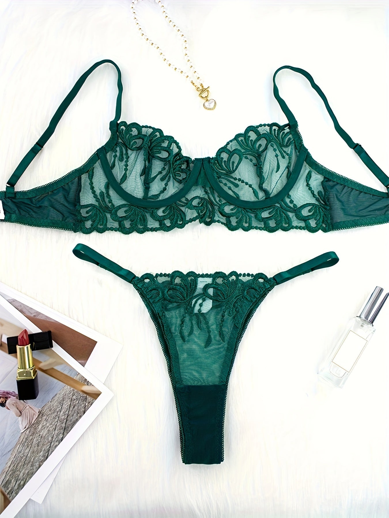 Women’s Lace Embroidered Lingerie Set with High Support Bra and Panties in Solid Knit Fabric