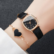 Women's Fashion Watch Set with Square Dial Quartz Watch and Heart Charm Bracelet