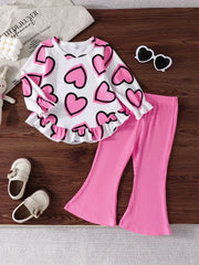 Yoz va kuz uchun yoqimli tasodifiy dizaynga ega ikki qismli to'plam, yurak naqshiga ega doira bo'yinli uzun qo'lqopli bluzka va tashqi kiyim uchun bir rangli ribbed shimlar.