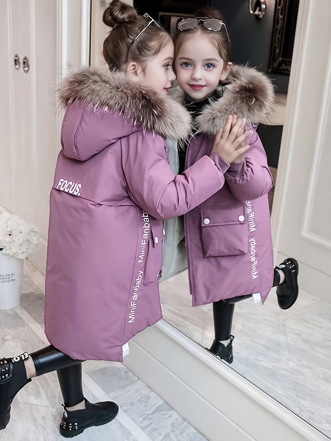 Girls' Winter Coat with Faux Fur Trim and Alphabet Pattern, Hooded, Zipper Placket