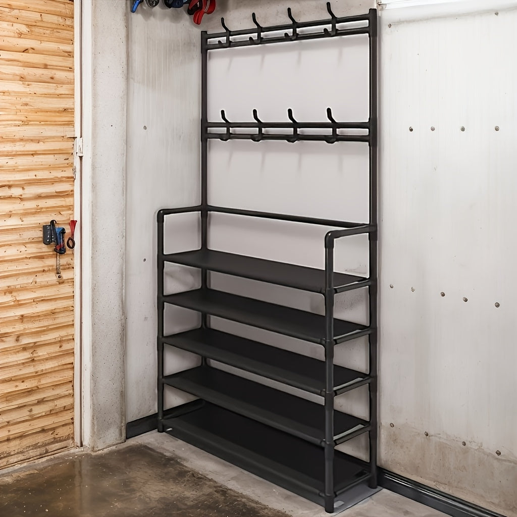 Uncharged Iron Hall Tree with 8 Hooks Entryway Storage Bench and Decorative Frame