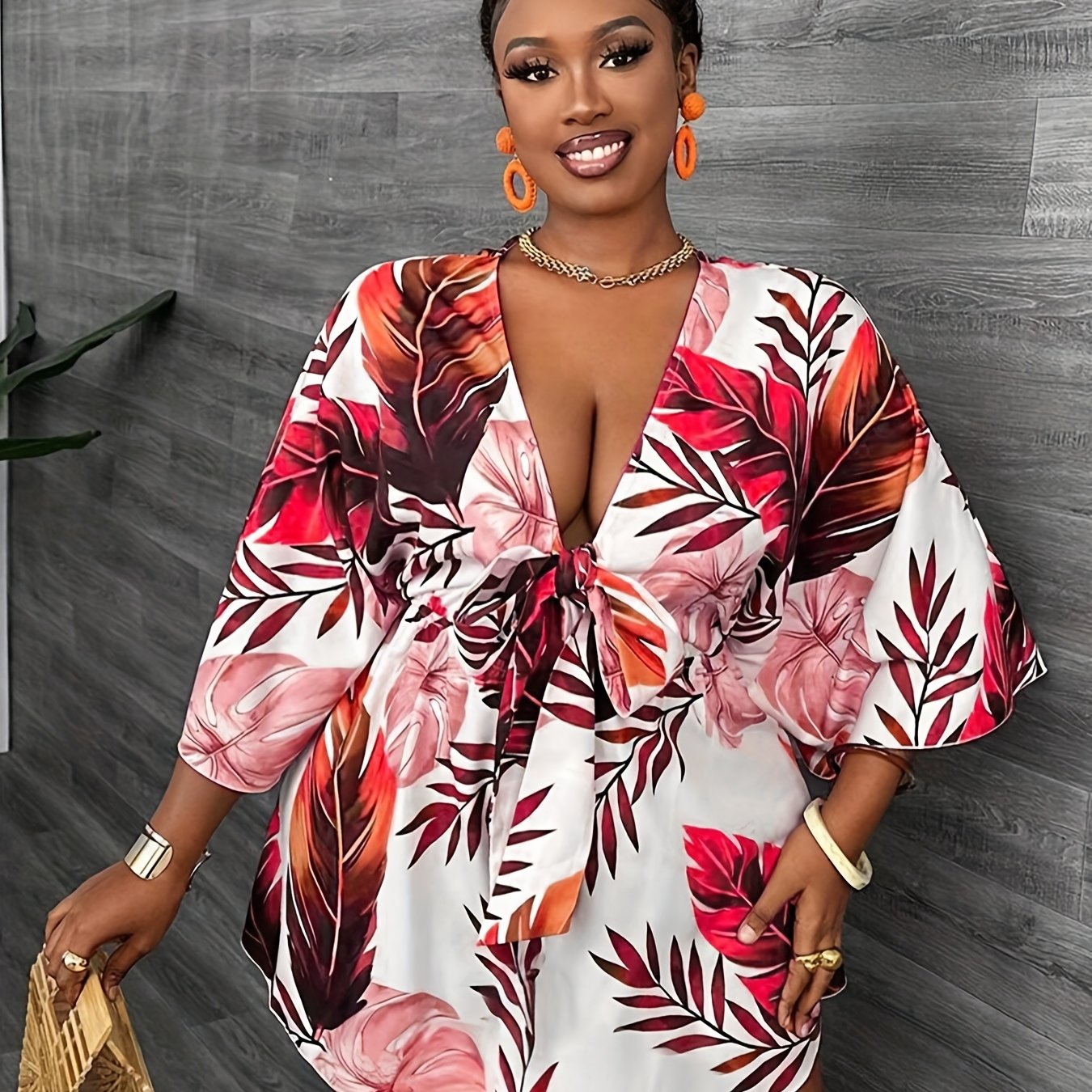 Mono casual de verano con escote en V y estampado tropical para mujer de tallas grandes