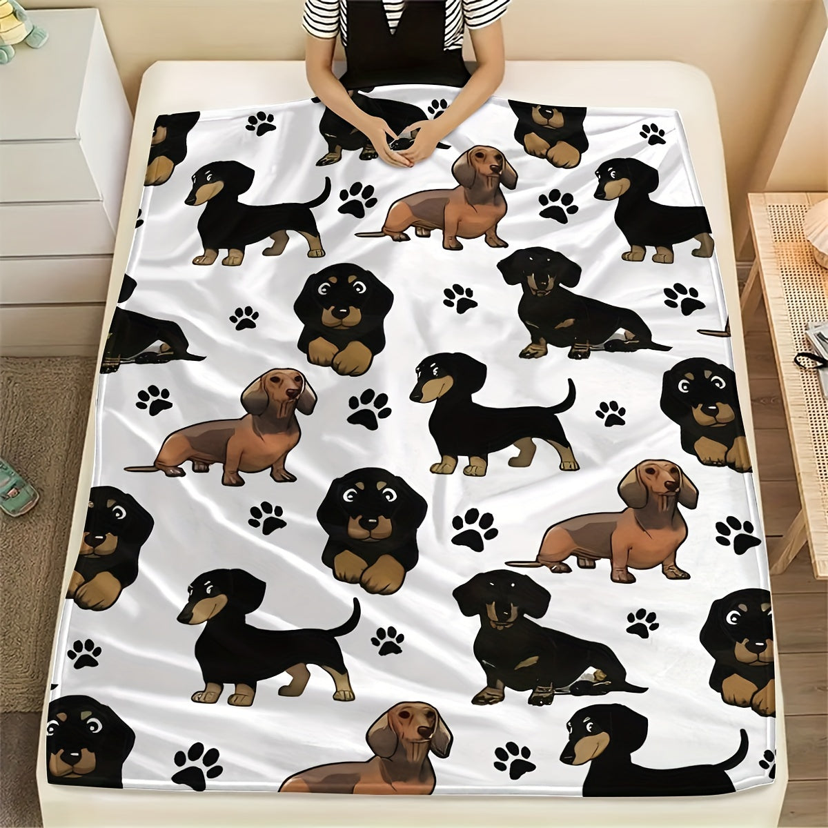 All-Season Flannel Throw Blanket with Dachshund Pattern Cozy Nap Cover