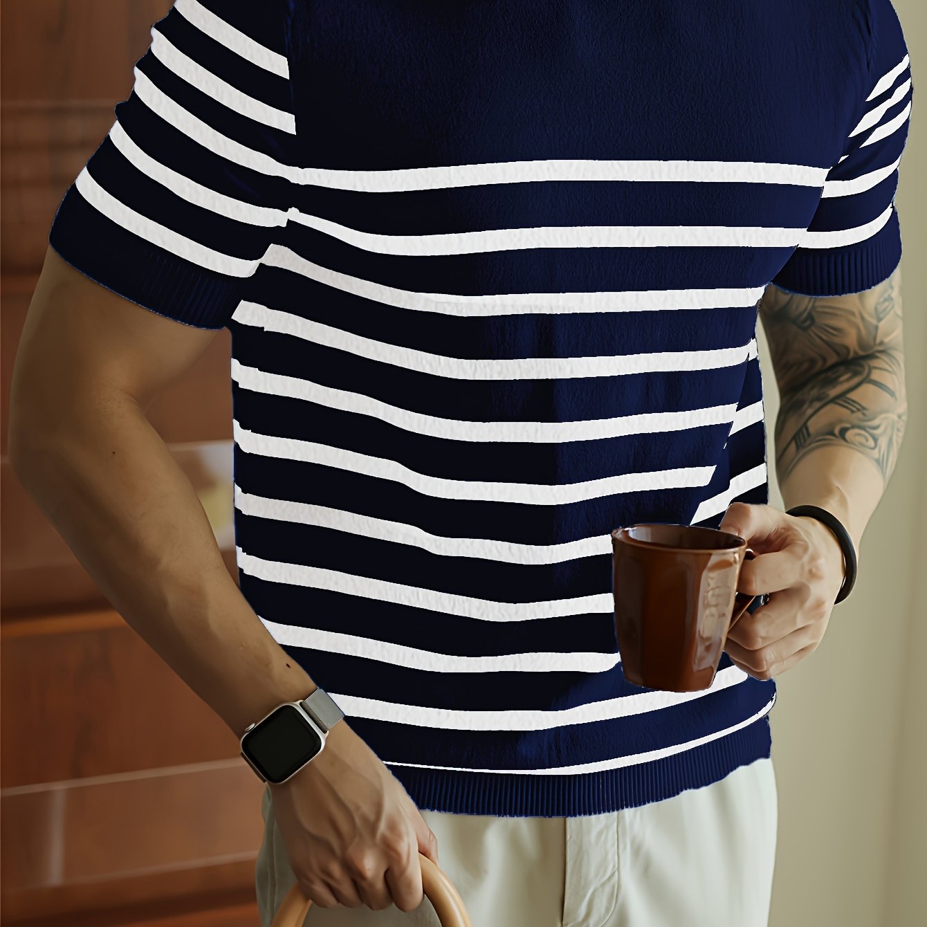 Men's Striped Knit Pullover Lightweight Casual Crew Neck Polyester All-Season